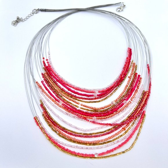 NWT - CJ & Banks - Coral & Pink Seed Bead Layered Silver Tone 18” Wire Necklace - Picture 4 of 9